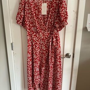 BloomChic Red and White Wrap Midi Dress with Puff Sleeves